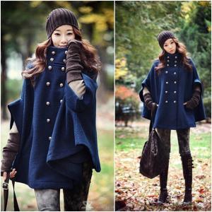 Double-breasted Wool Cloak Cape Coat In Navy Blue..