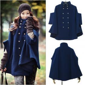 Double-breasted Wool Cloak Cape Coat In Navy Blue..