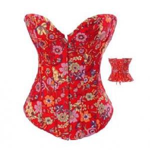 Bright Floral Red Print Bustier Corset; S M L Xl..