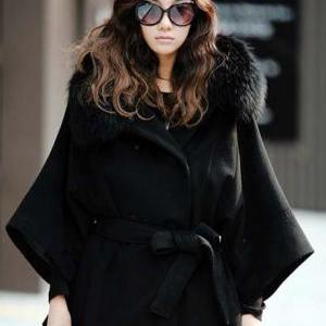 Fur Collar Black Button Fly Coat For Woman - Sizes..