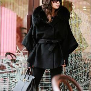Fur Collar Black Button Fly Coat For Woman - Sizes..