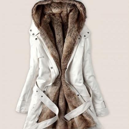 Thicken Fleece Faux Fur Warm Winter Coat Hood..