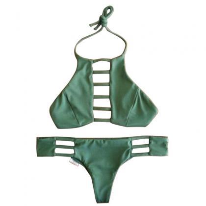 Gorgeous Green Halter Hollow Out Bikini Set For..