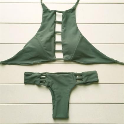 Gorgeous Green Halter Hollow Out Bikini Set For..