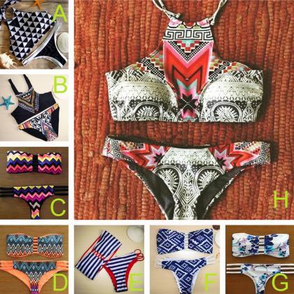 Ethnic Style Halter Geometrical Print Bikini Set..