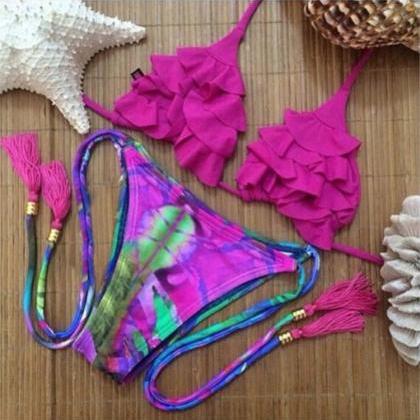 Sexy Halter Bikini Frill Top With Printed Tassel..