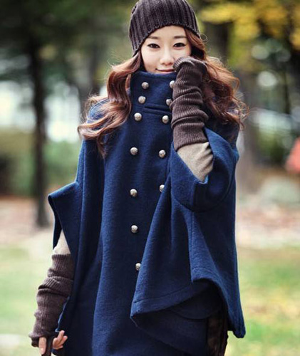 Double-breasted Wool Cloak Cape Coat In Navy Blue With Batwing Sleeve - Available In Sizes Us Sizes S And M Only