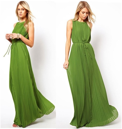 Pleated Citrus Lime Green Maxi Dress 