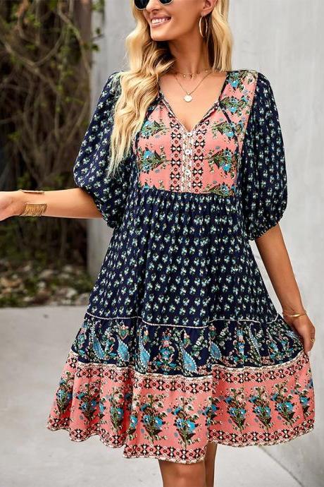 Best-selling Dark Navy Floral Print Puff Sleeve Dress (Size S to XL)