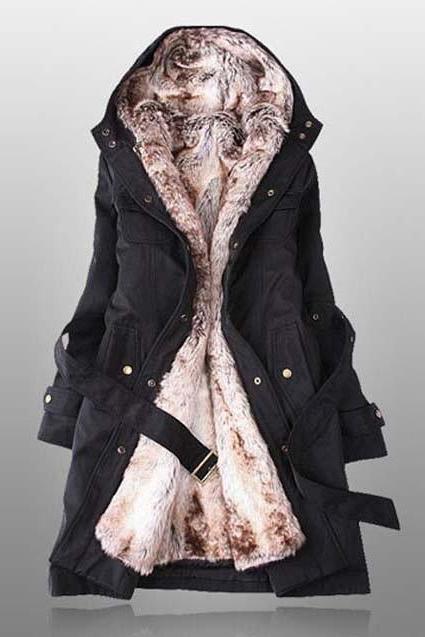 Thicken Fleece Faux Fur Warm Winter Coat Hood Parka Overcoat (3 colors) - size S thru 3XL