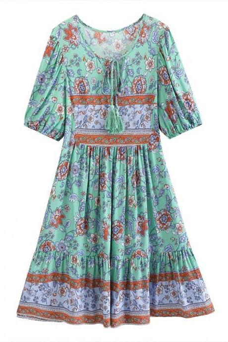 Bohemian Floral Print Tie Neck Puff Sleeve Smock Dress (size S To Xl) Available In 4 Colors
