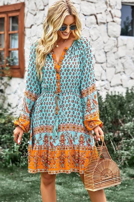 2023/24 Bohemian Dream Turquoise Floral Print Front Buttoned Long Sleeve Dress - Spring/Summer Collection