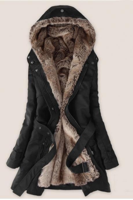 Thicken Fleece Faux Fur Warm Winter Coat Hood Parka Overcoat (2 colors) - size S thru 3XL