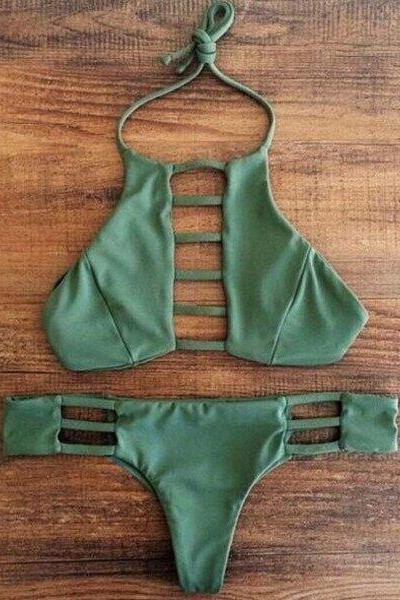 Gorgeous Green Halter Hollow Out Bikini Set For Women - (s,m,l)