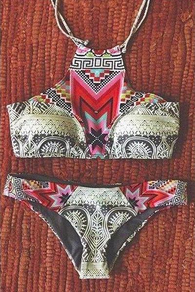 Ethnic Style Halter Geometrical Print Bikini Set For Women