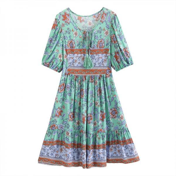 Bohemian Floral Print Tie Neck Puff Sleeve Smock Dress (Size S to XL) available in 4 colors