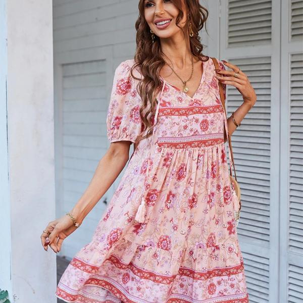 Spring/Summer Floral Print Tie Neck Puff Sleeve Smock Dress (Size S to XL) available in 4 colors